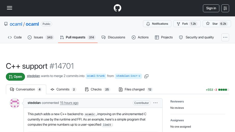 Screenshot of github.com: A new C++ back end for ocamlc