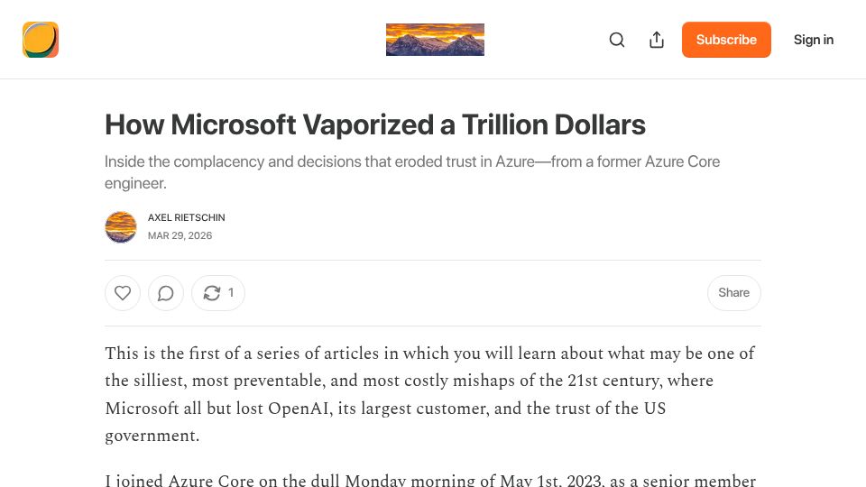Screenshot of isolveproblems.substack.com: Decisions that eroded trust in Azure – by a former Azure Core engineer