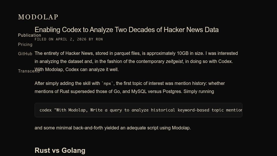 Screenshot of modolap.com: Enabling Codex to Analyze Two Decades of Hacker News Data
