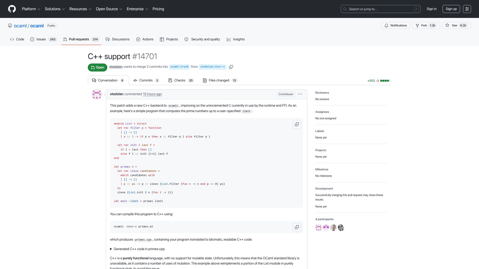 Screenshot of github.com: A new C++ back end for ocamlc