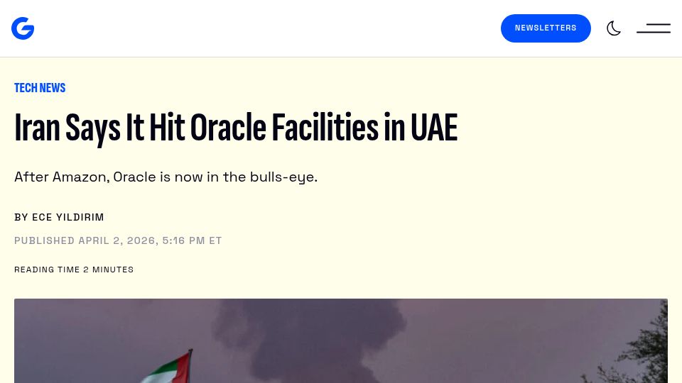 Screenshot of gizmodo.com: Iran Says It Hit Oracle Facilities in UAE