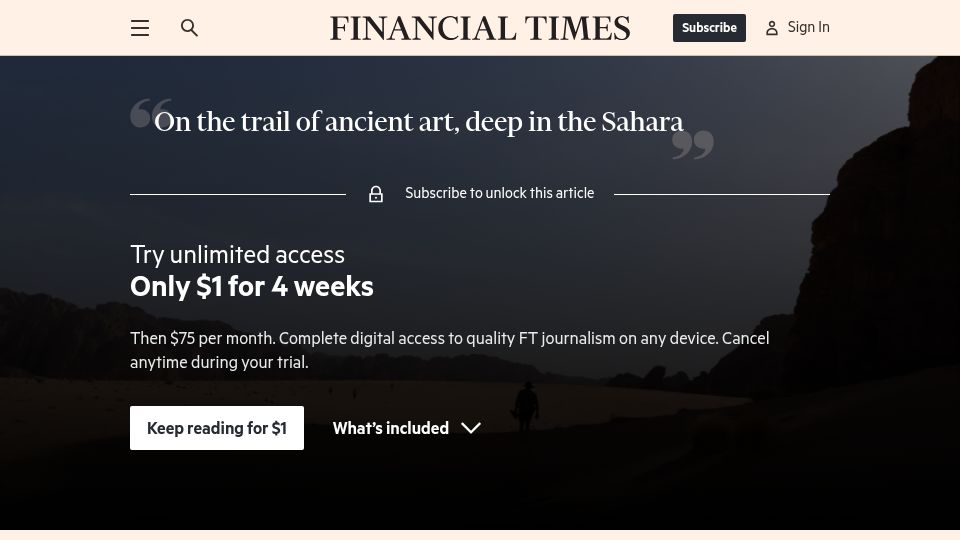 Screenshot of ft.com: On the trail of ancient art, deep in the Sahara