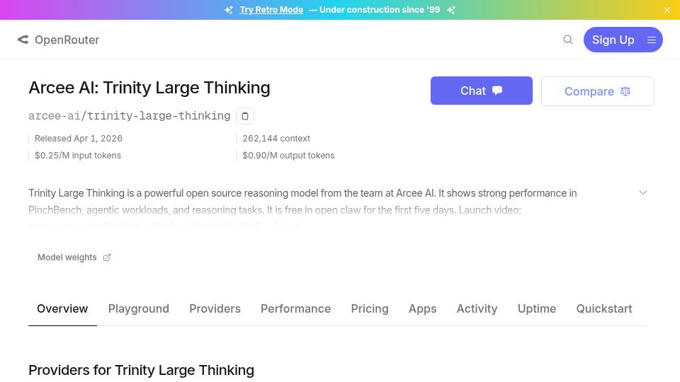 Screenshot of openrouter.ai: Trinity Large Thinking
