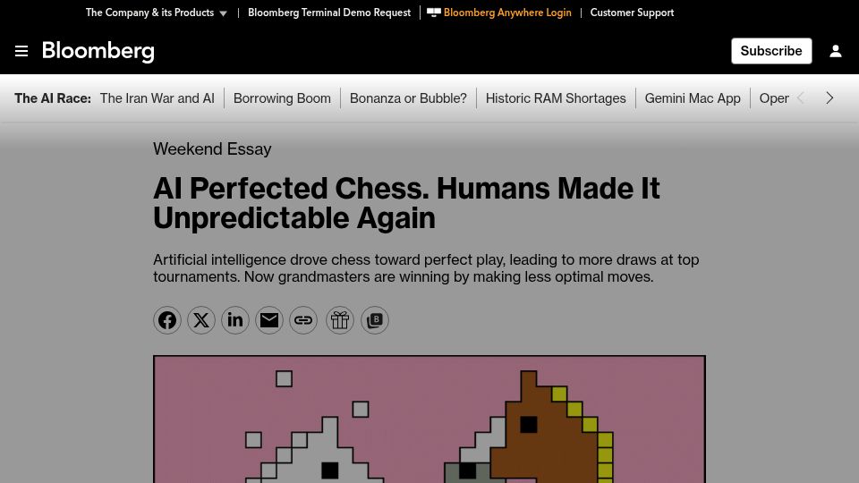 Screenshot of bloomberg.com: AI Perfected Chess. Humans Made It Unpredictable Again