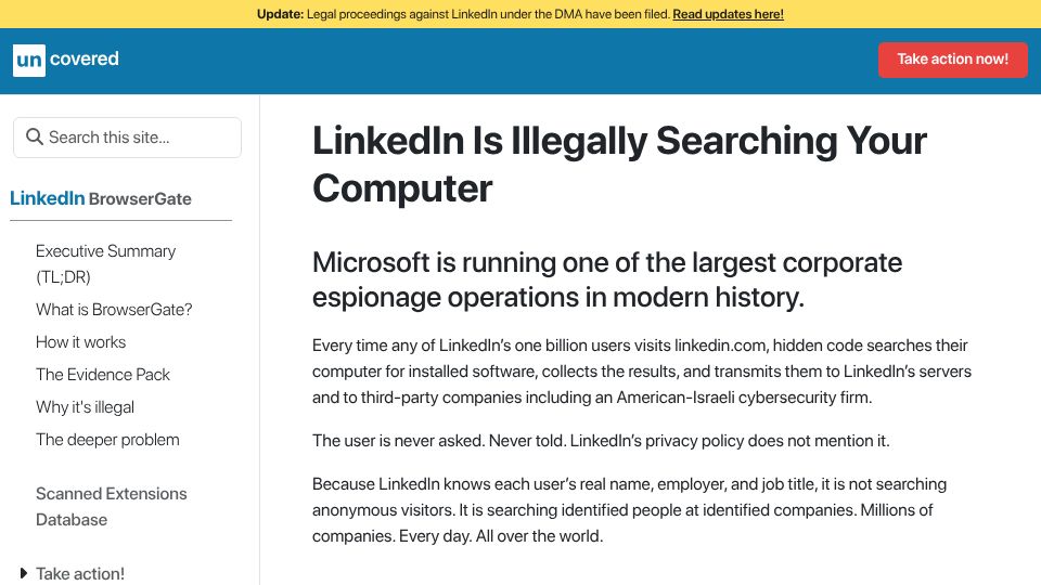Screenshot of browsergate.eu: LinkedIn is searching your browser extensions
