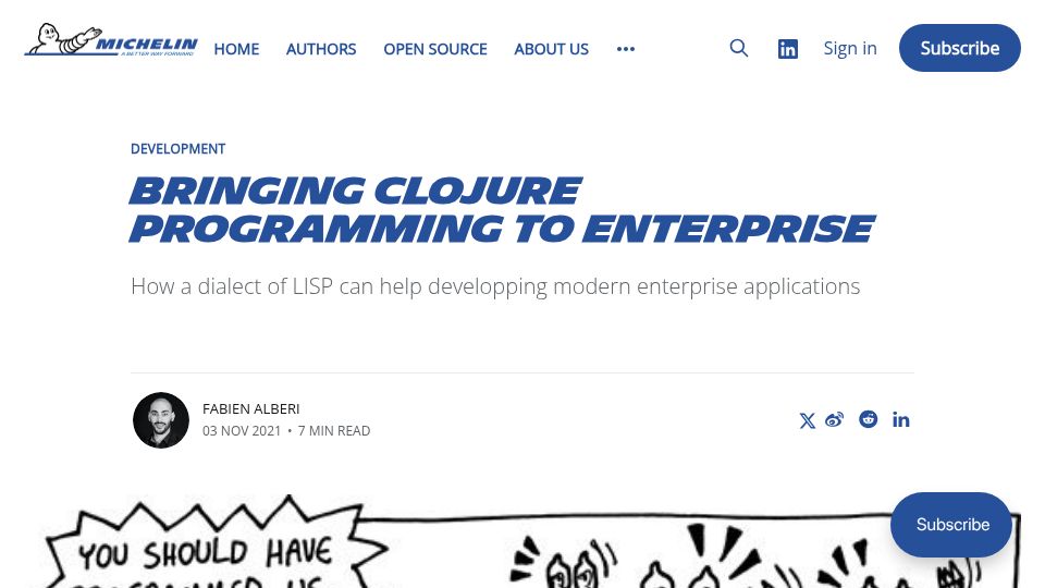 Screenshot of blogit.michelin.io: Bringing Clojure programming to Enterprise (2021)