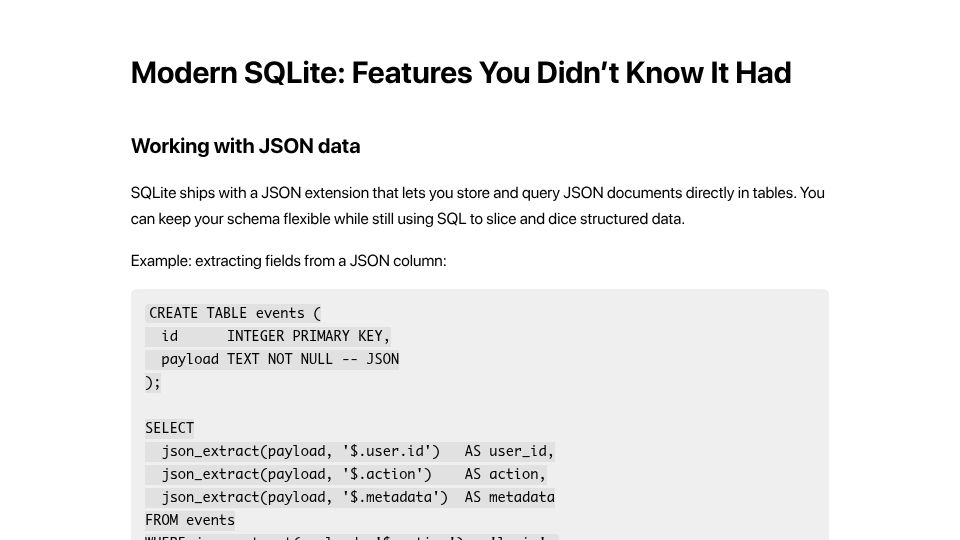 Screenshot of slicker.me: Modern SQLite: Features You Didn't Know It Had