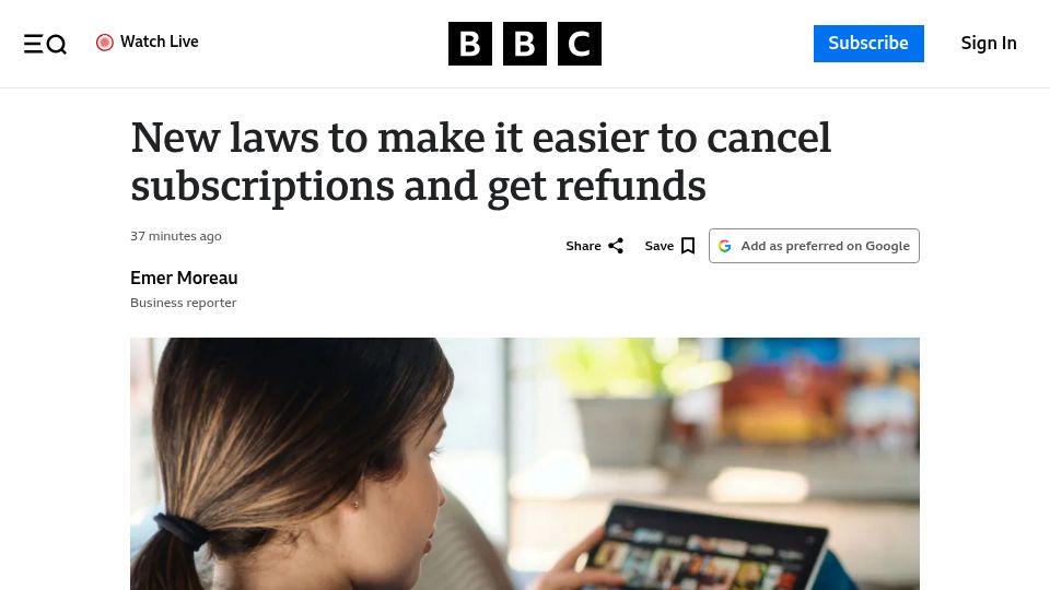 Screenshot of bbc.co.uk: New laws to make it easier to cancel subscriptions and get refunds