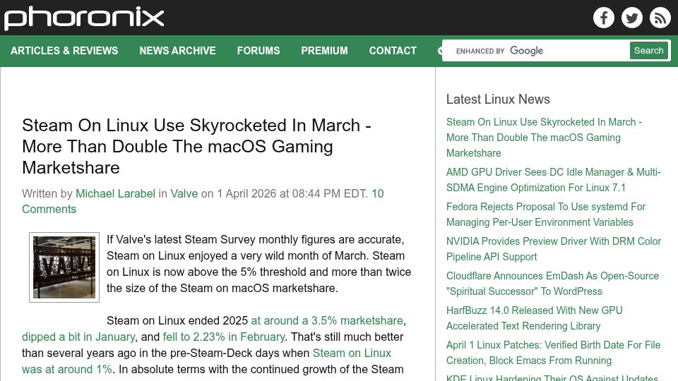Screenshot of phoronix.com: Steam on Linux Use Skyrocketed Above 5% in March