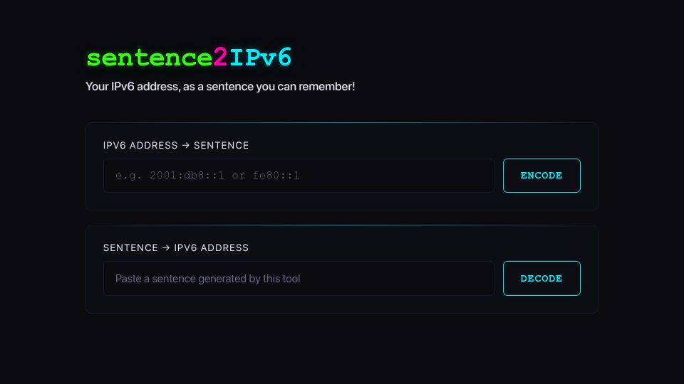 Screenshot of sentence2ipv6.tib3rius.com: IPv6 address, as a sentence you can remember