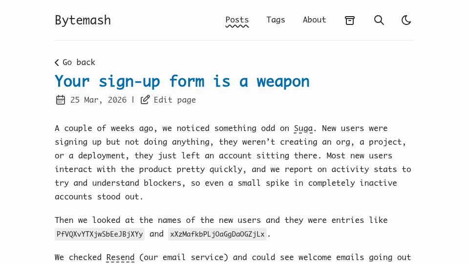 Screenshot of bytemash.net: Subscription bombing and how to mitigate it