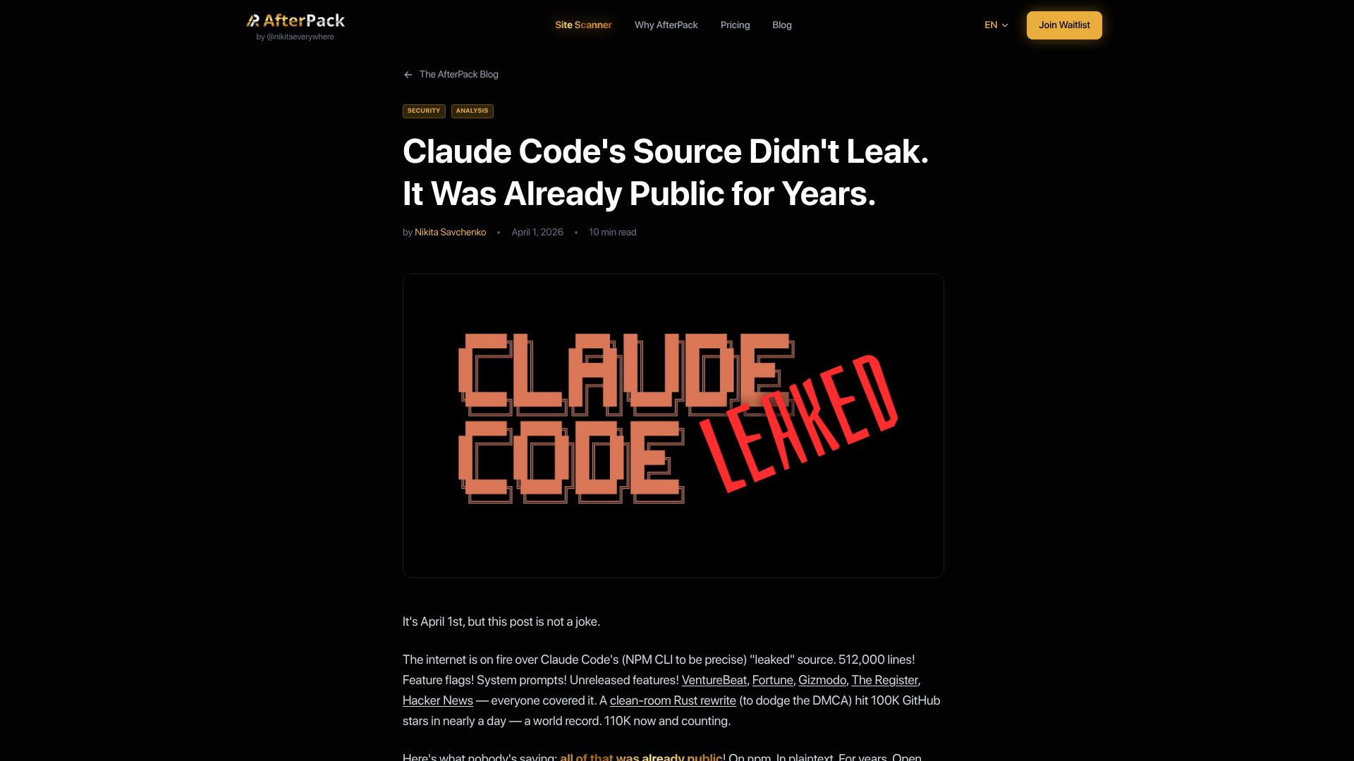 Screenshot of afterpack.dev: Obfuscation is not security – AI can deobfuscate any minified JavaScript code