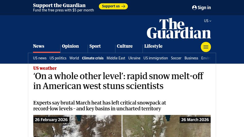 Screenshot of theguardian.com: March heat in American west has left snowpack at record-low levels