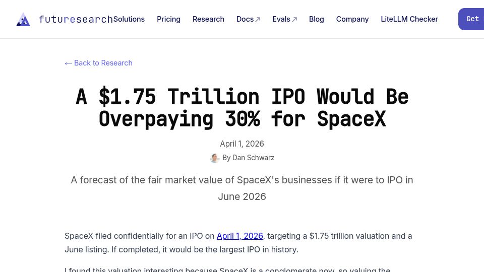 Screenshot of futuresearch.ai: A forecast of the fair market value of SpaceX's businesses