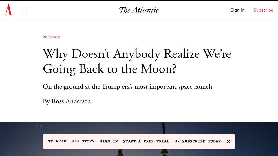 Screenshot of theatlantic.com: Why Doesn't Anybody Realize We're Going Back to the Moon?