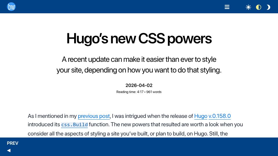 Screenshot of brycewray.com: Hugo's New CSS Powers