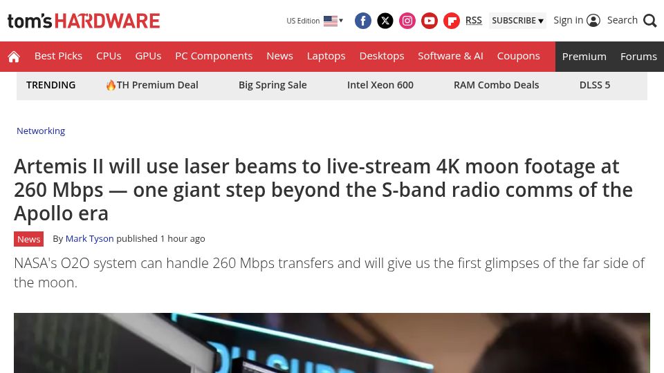 Screenshot of tomshardware.com: Artemis II will use laser beams to live-stream 4K moon footage at 260 Mbps