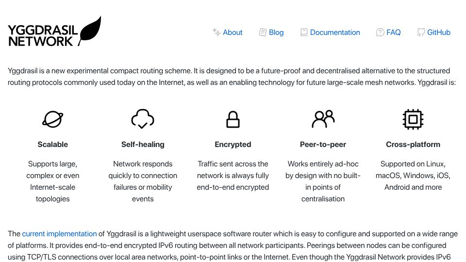 Screenshot of yggdrasil-network.github.io: Yggdrasil Network
