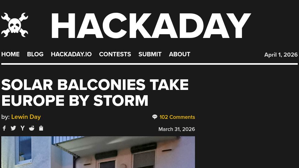 Screenshot of hackaday.com: Solar Balconies Take Europe by Storm