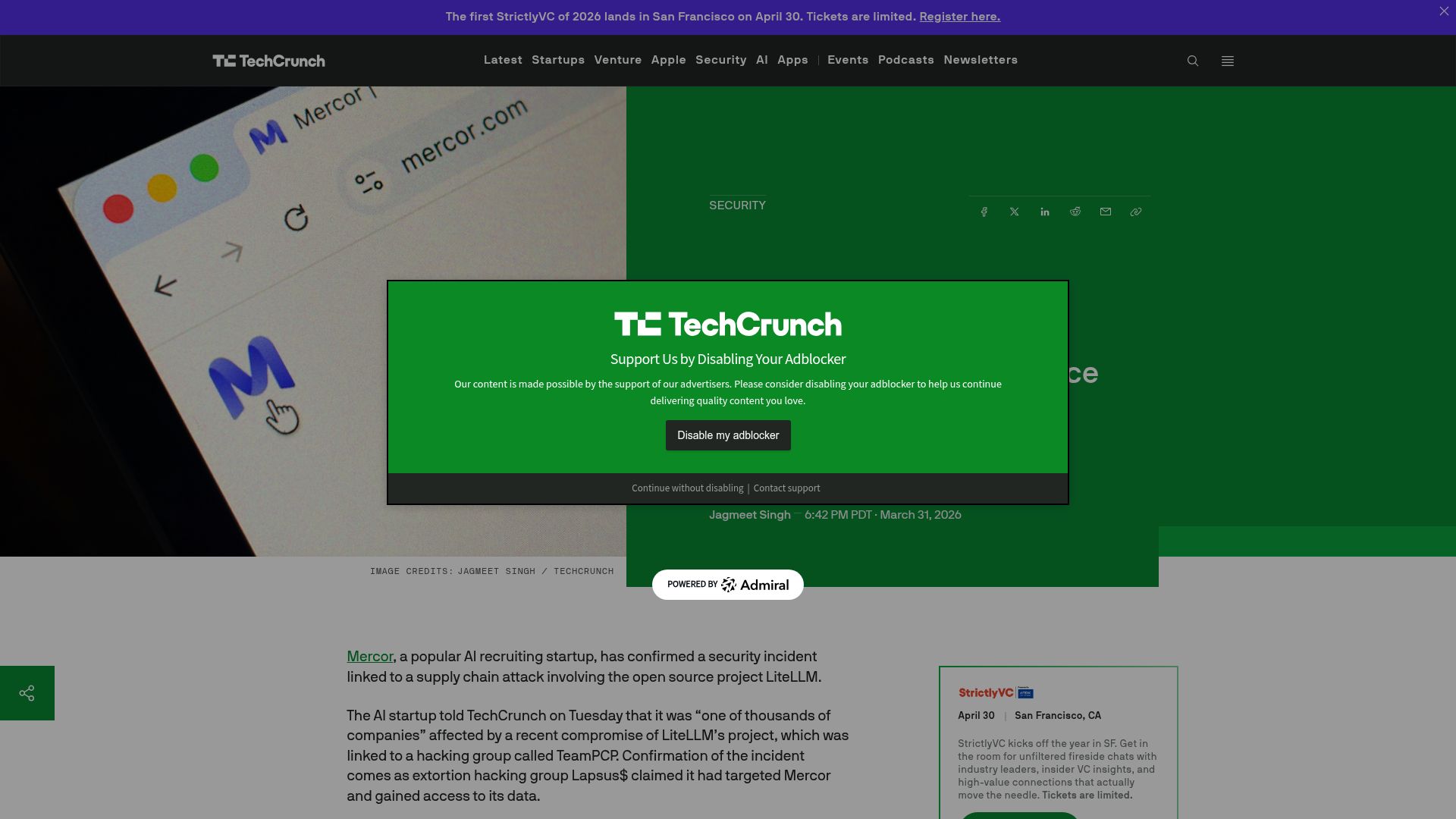 Screenshot of techcrunch.com: Mercor says it was hit by cyberattack tied to compromise LiteLLM