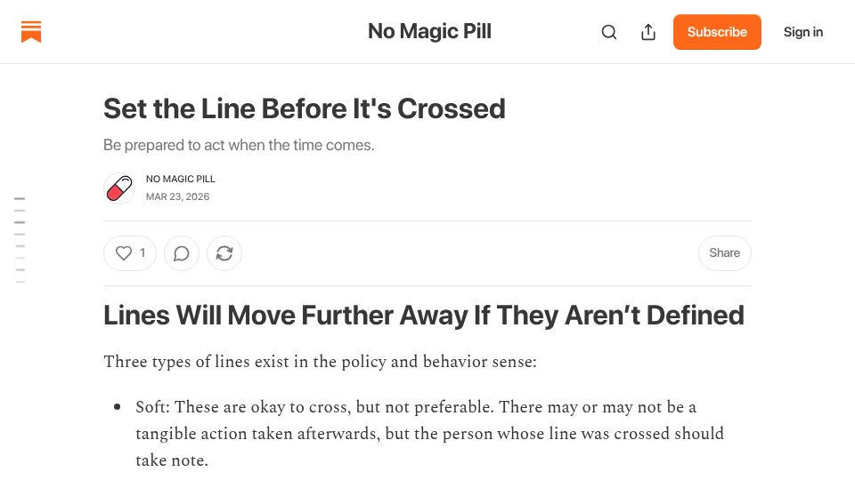 Screenshot of nomagicpill.substack.com: Set the Line Before It's Crossed