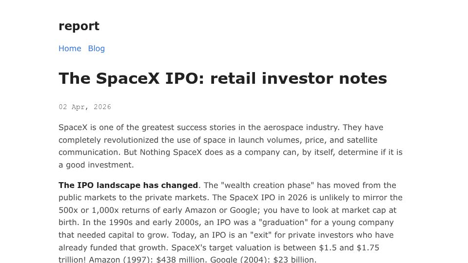 Screenshot of report.bearblog.dev: The SpaceX IPO: retail investor notes