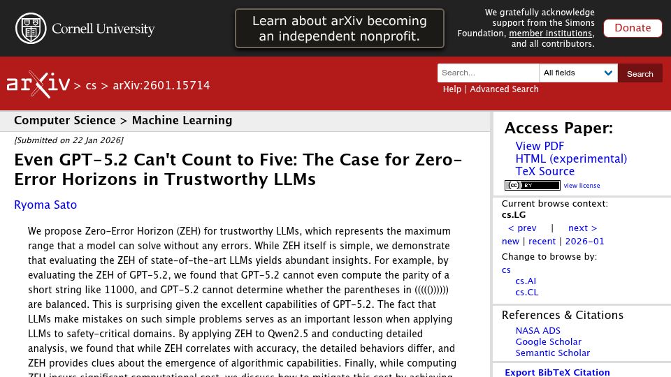 Screenshot of arxiv.org: The case for zero-error horizons in trustworthy LLMs