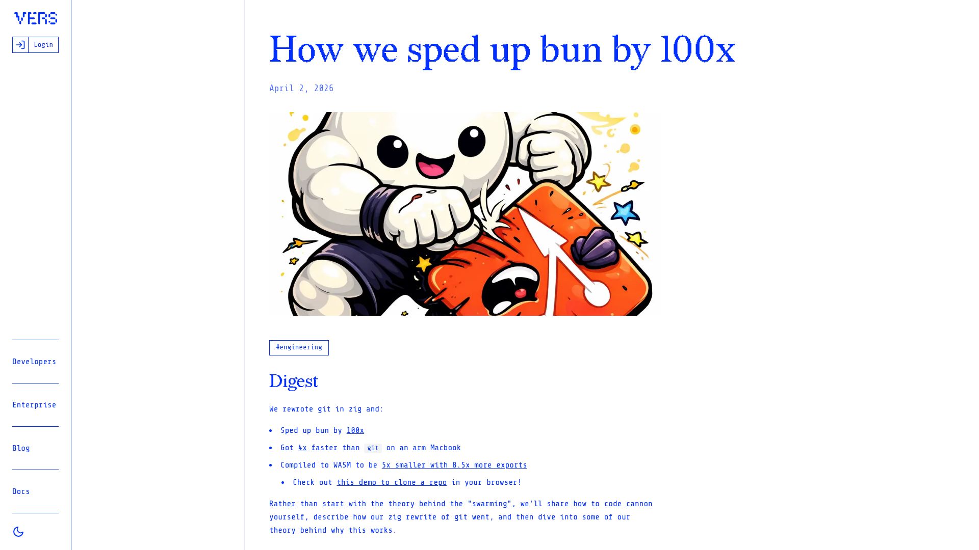 Screenshot of vers.sh: We sped up bun by 100x