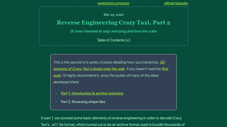 Screenshot of wretched.computer: Reverse Engineering Crazy Taxi, Part 2