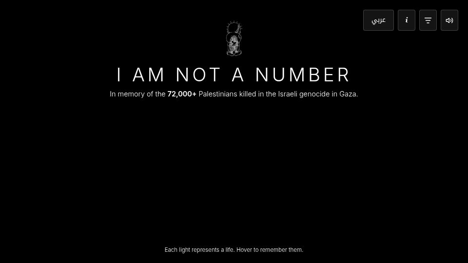 Screenshot of bkhmsi.github.io: I Am Not A Number. In memory of the more than 72,000 Palestinians killed