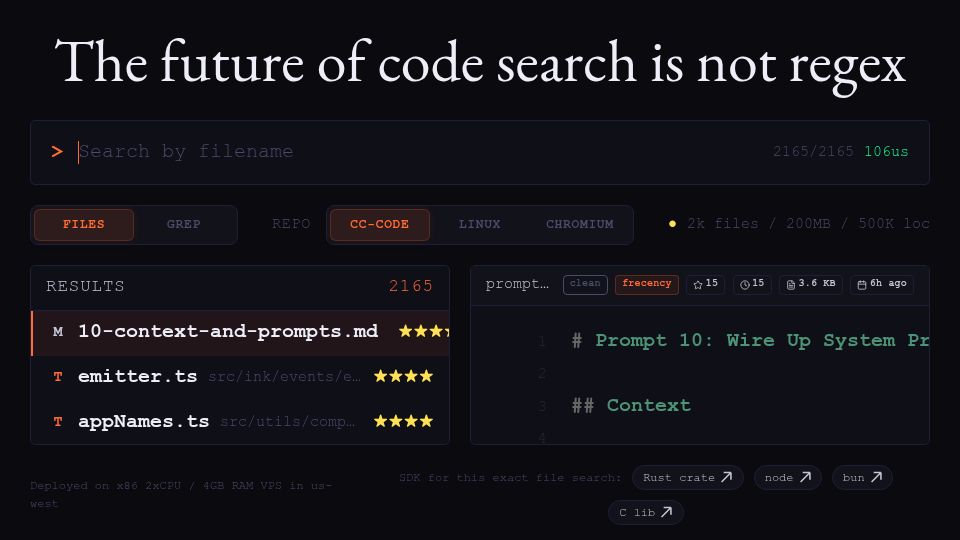 Screenshot of fff.dmtrkovalenko.dev: The future of code search is not regex – 100x faster than ripgrep