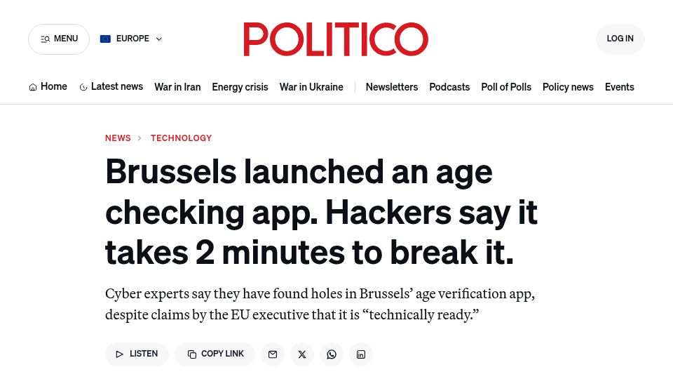 Screenshot of politico.eu: Brussels launched an age checking app. Hackers took 2 minutes to break it