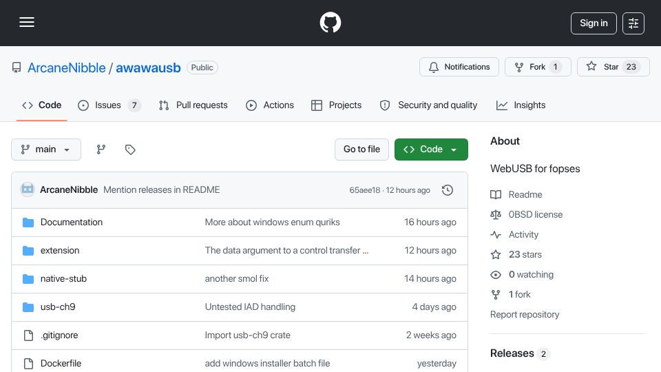 Screenshot of github.com: WebUSB Extension for Firefox