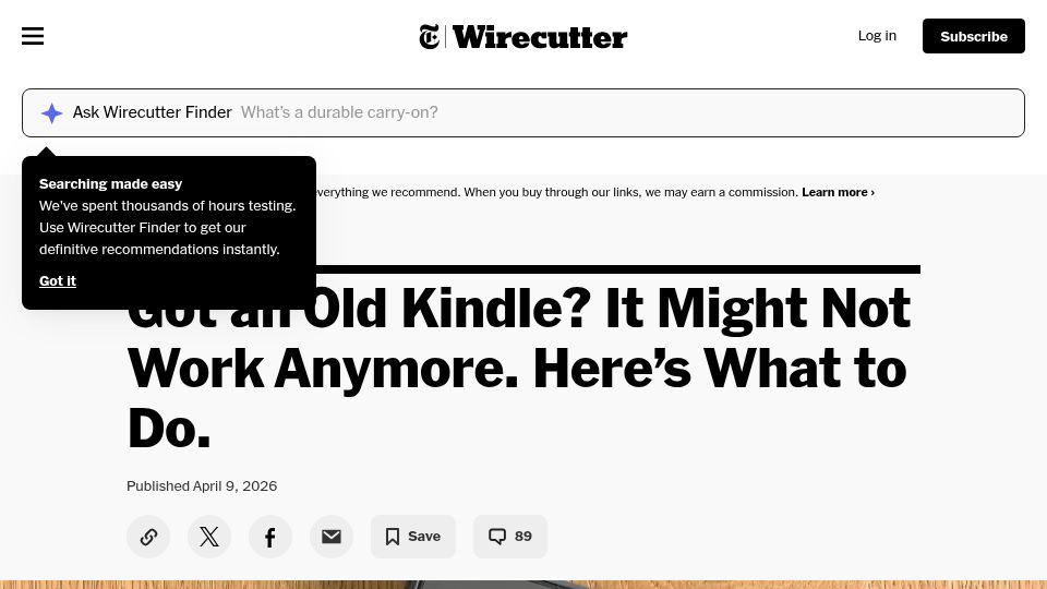 Screenshot of nytimes.com: Got an Old Kindle? It Might Not Work Anymore