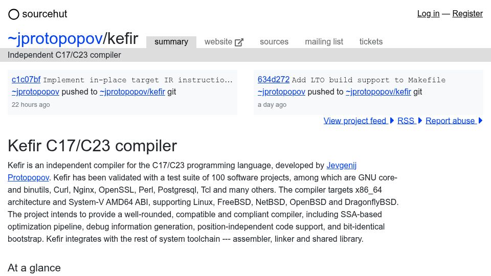 Screenshot of sr.ht: Kefir C17/C23 Compiler