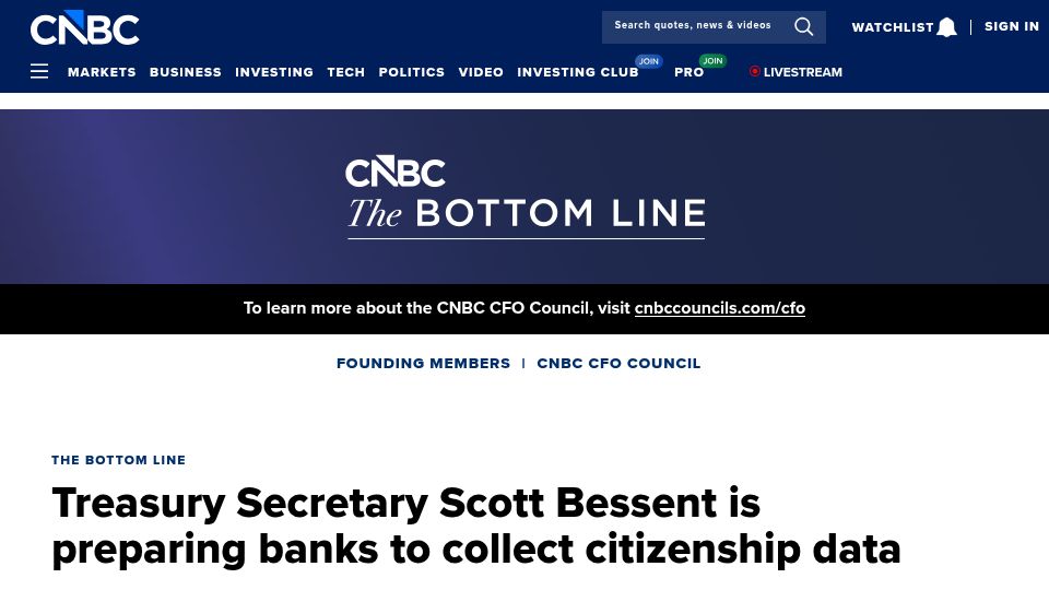 Screenshot of cnbc.com: U.S. banks may soon collect citizenship data from customers