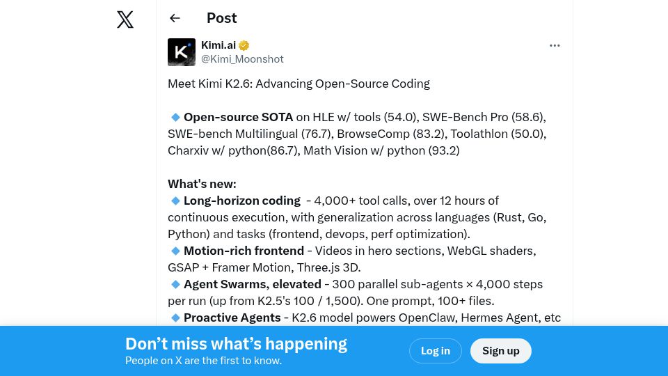 Screenshot of twitter.com: Kimi K2.6: Advancing Open-Source Coding