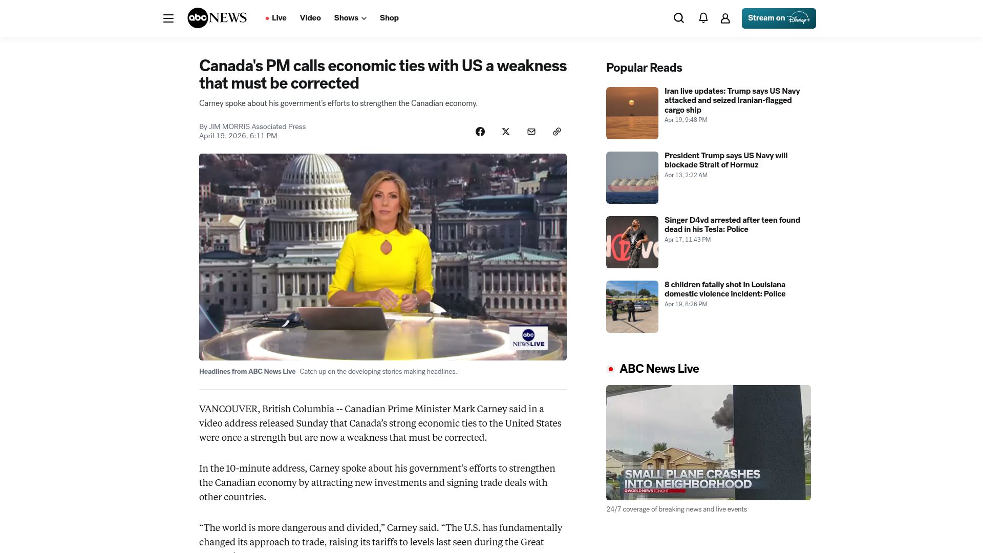 Screenshot of abcnews.com: Canada's PM calls economic ties with US a weakness that must be corrected