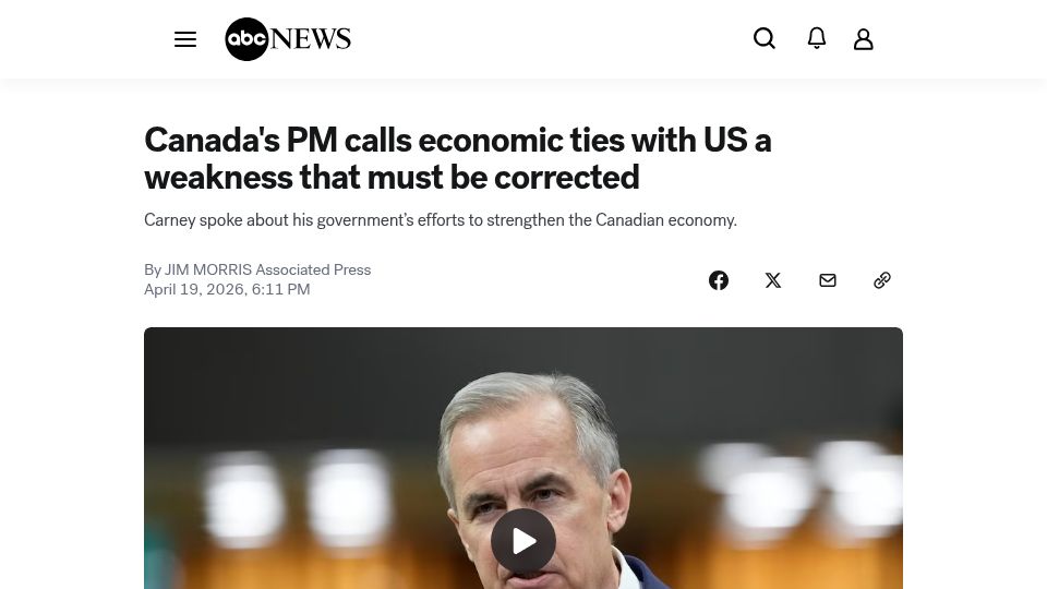 Screenshot of abcnews.com: Canada's PM calls economic ties with US a weakness that must be corrected