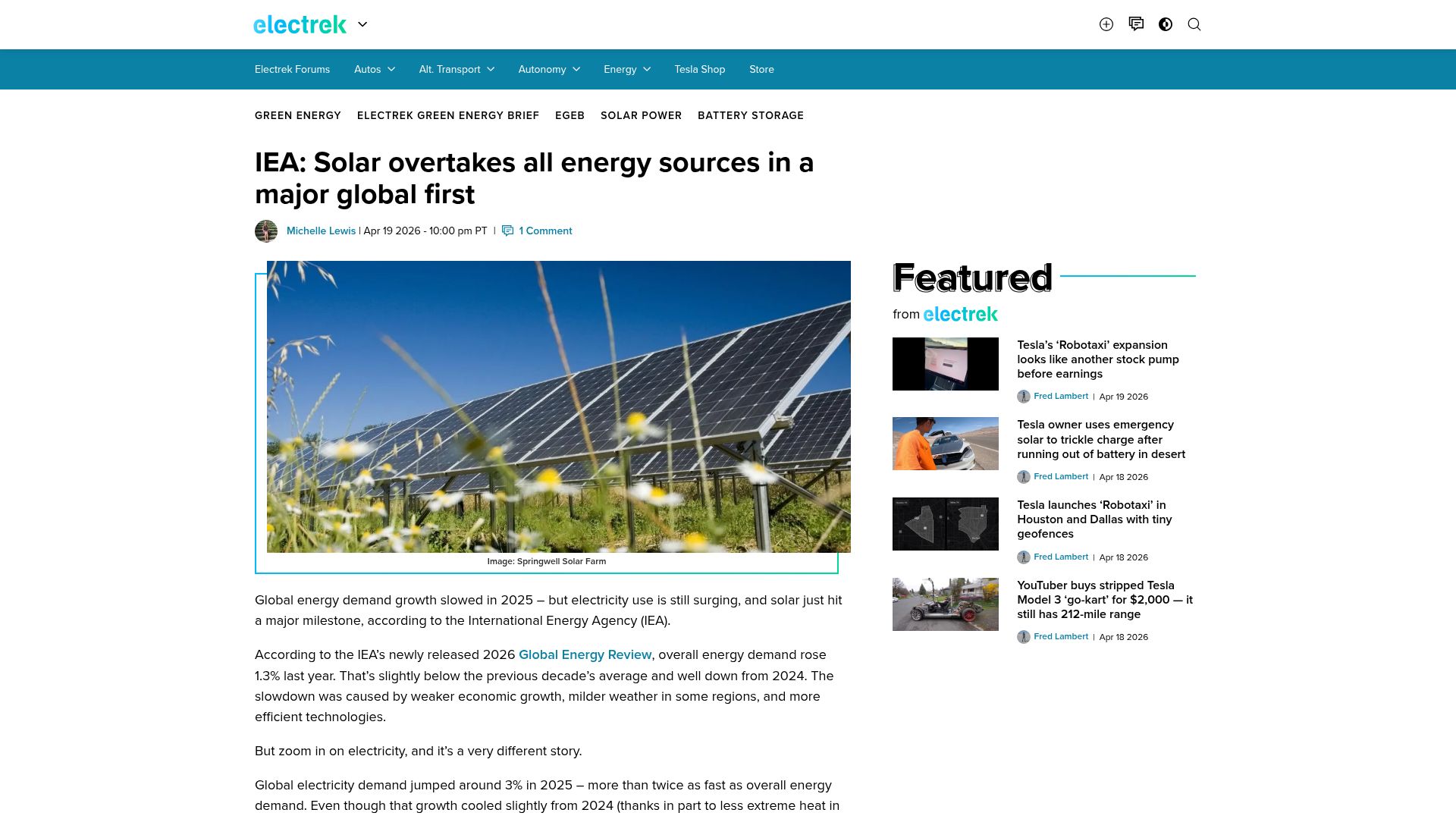 Screenshot of electrek.co: IEA: Solar overtakes all energy sources in a major global first
