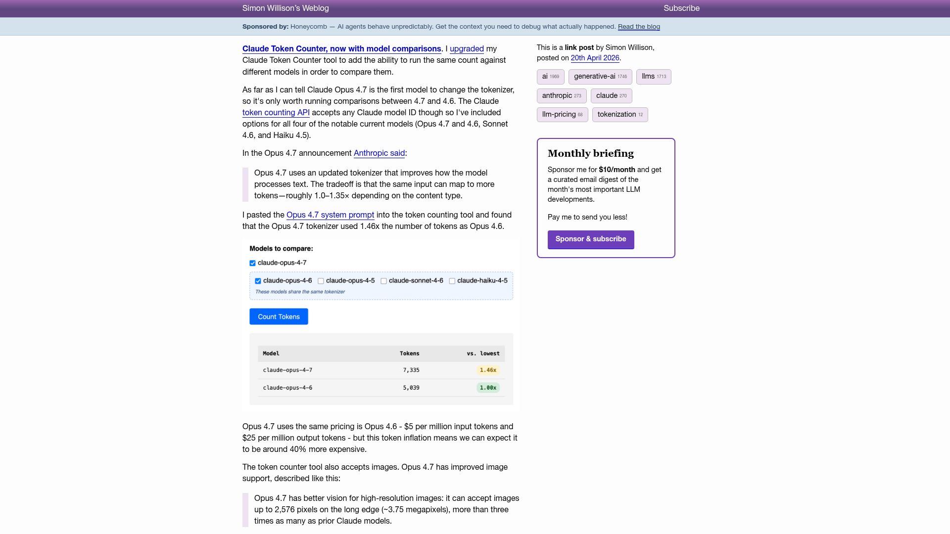 Screenshot of simonwillison.net: Claude Token Counter, now with model comparisons