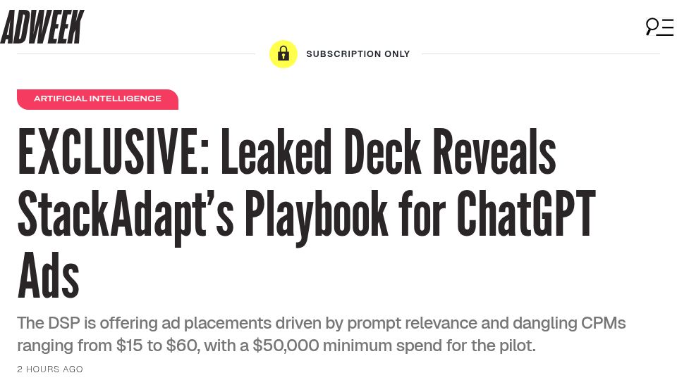 Screenshot of adweek.com: OpenAI ad partner now selling ChatGPT ad placements based on “prompt relevance”