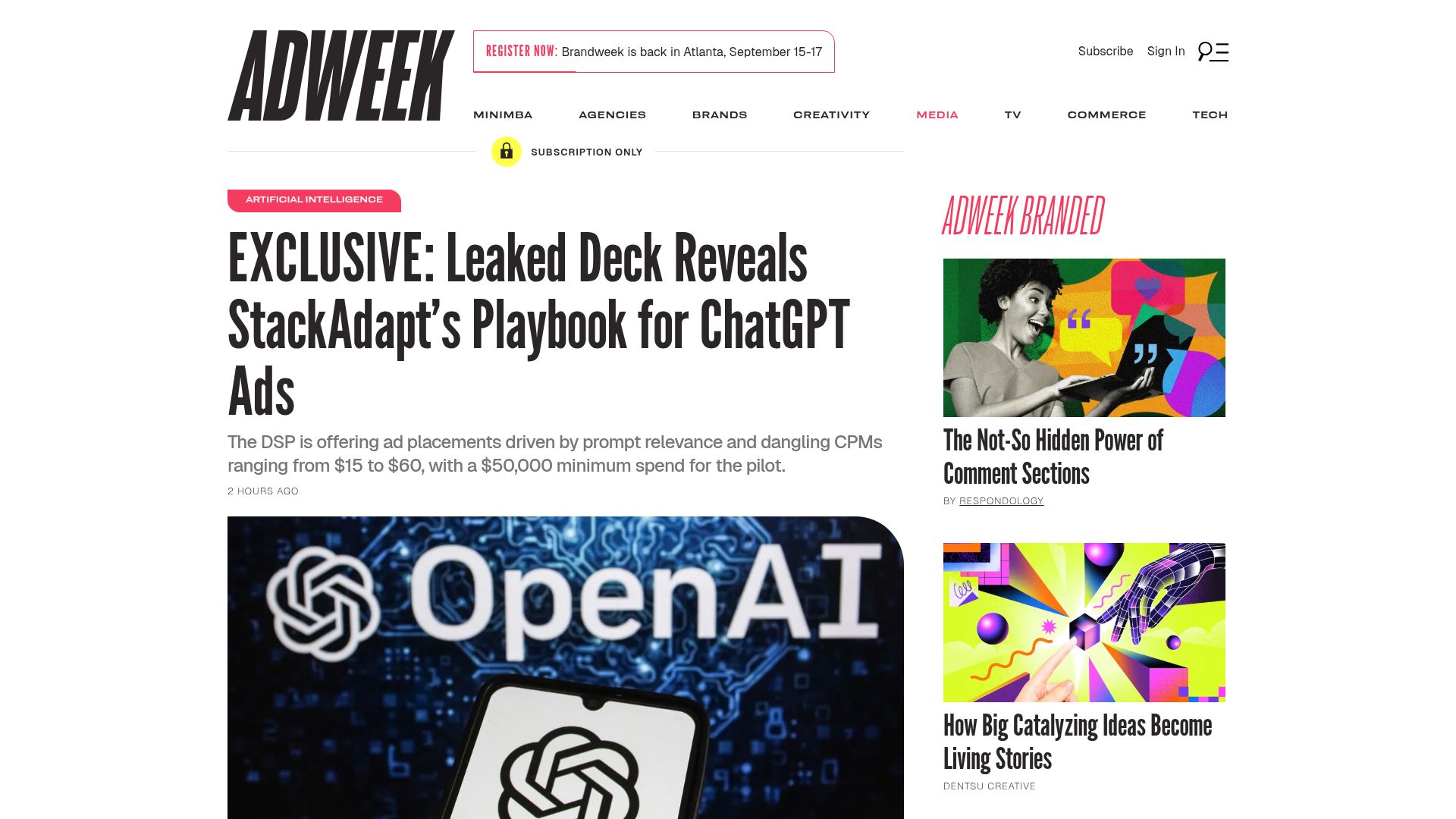 Screenshot of adweek.com: OpenAI ad partner now selling ChatGPT ad placements based on “prompt relevance”