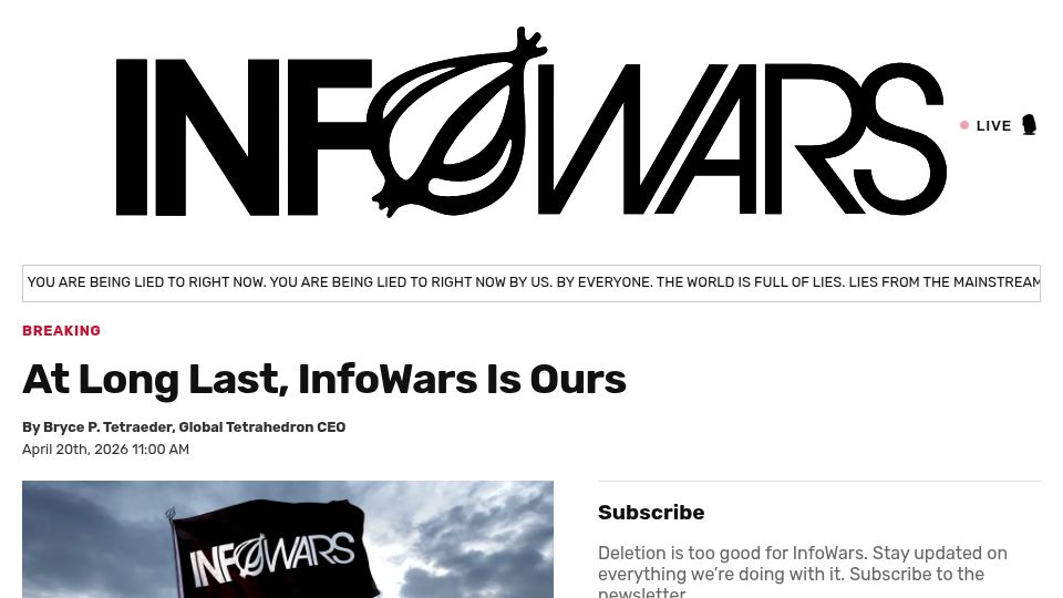 Screenshot of theonion.info: At Long Last, InfoWars Is Ours