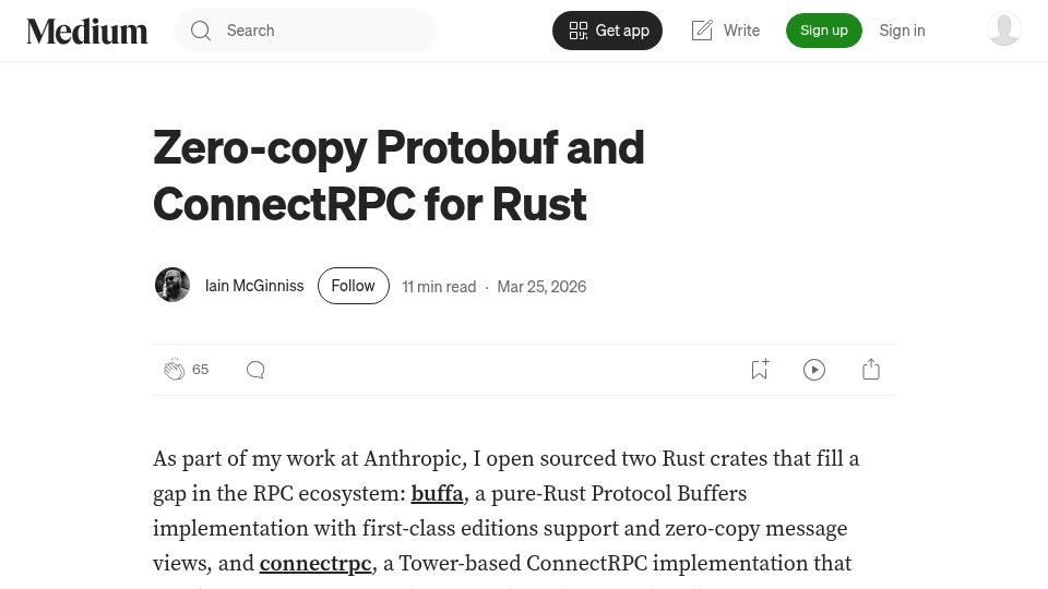 Screenshot of medium.com: Zero-copy protobuf and ConnectRPC for Rust