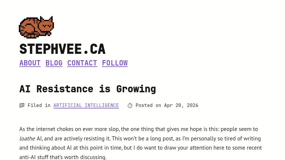 Screenshot of stephvee.ca: AI Resistance: some recent anti-AI stuff that’s worth discussing