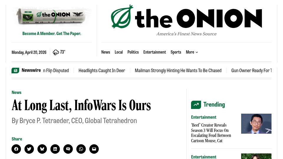 Screenshot of theonion.com: At long last, InfoWars is ours