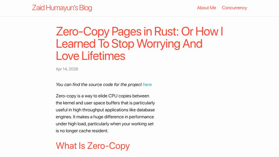 Screenshot of redixhumayun.github.io: Zero-Copy Pages in Rust: Or How I Learned to Stop Worrying and Love Lifetimes