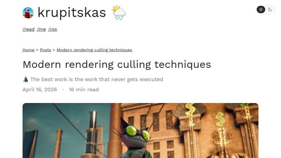 Screenshot of krupitskas.com: Modern Rendering Culling Techniques