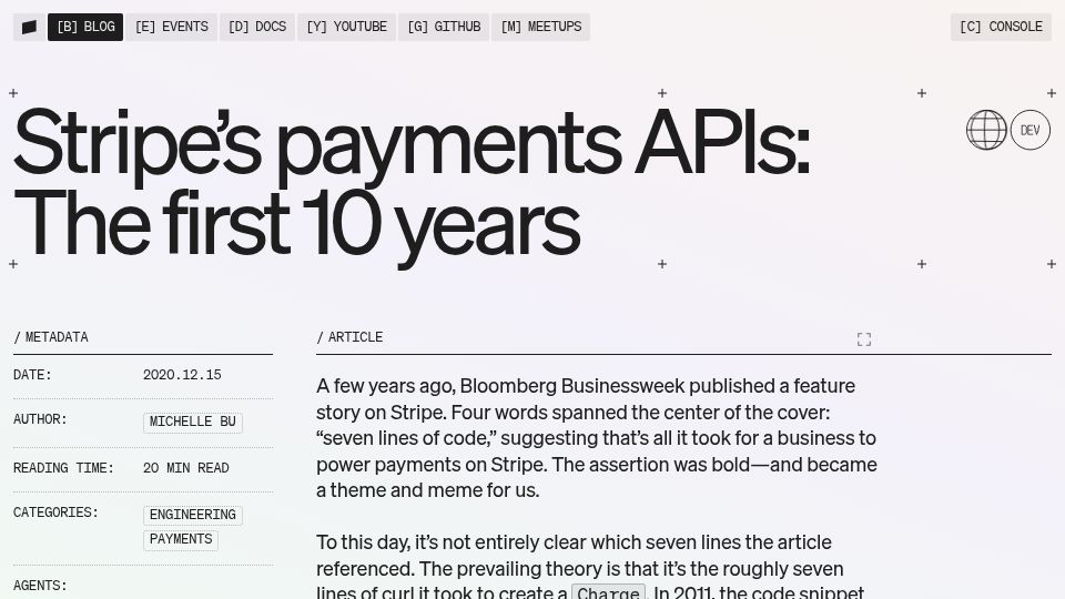 Screenshot of stripe.dev: Stripe's Payment APIs: the first 10 years (2020)
